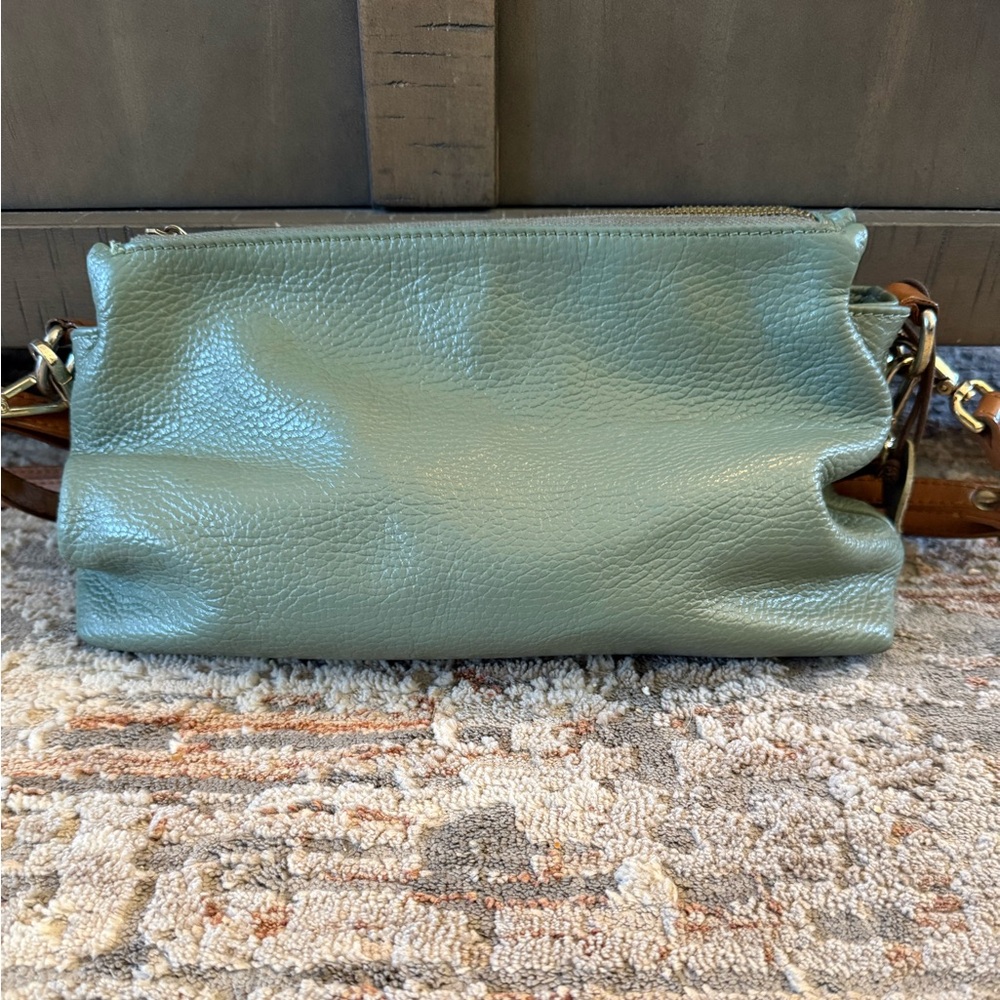 Valentina Soft Green Leather Crossbody Bag with Brown Strap